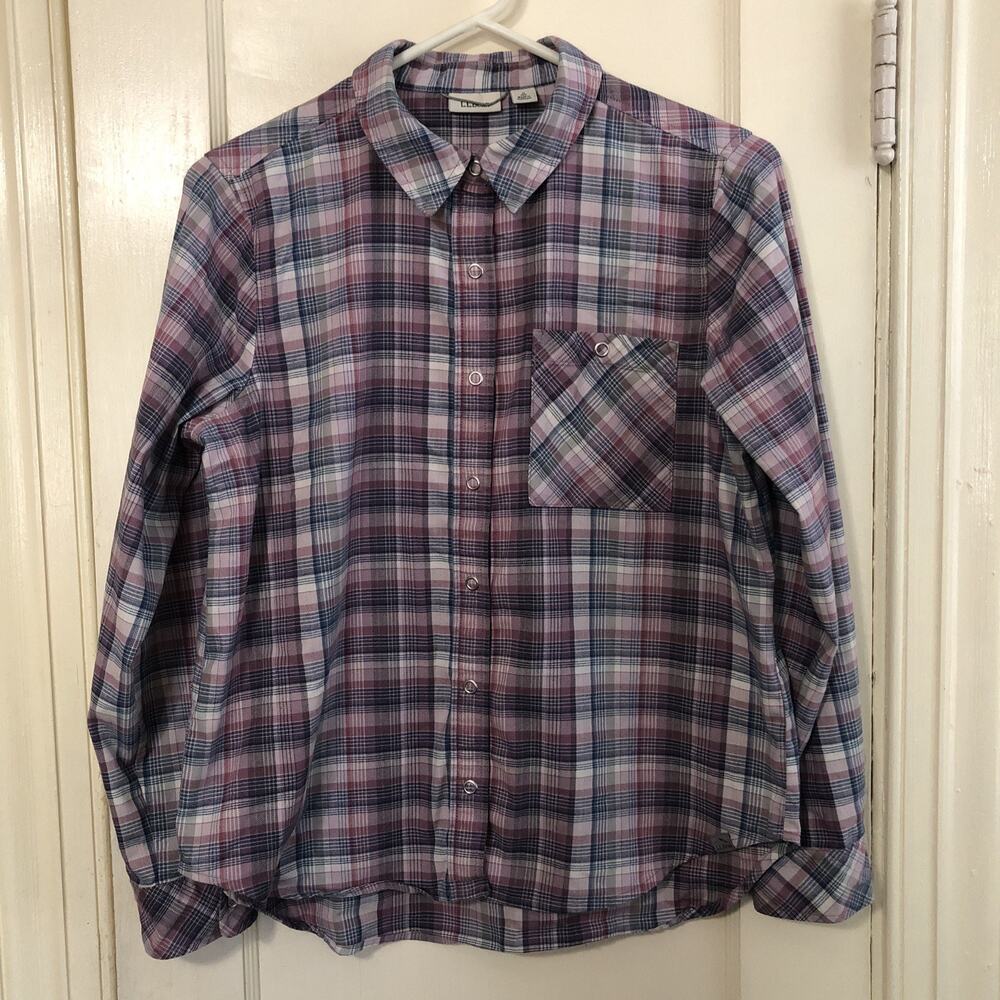 LL Bean Women’s Blue Pink Plaid Organic Cotton Long Sleeve Snap Down Small